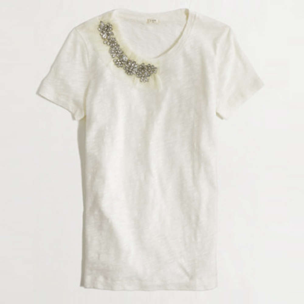 J Crew Cream Crystal Embellished Crew Neck Tee